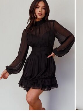 Black Sheer Long-Sleeve Ruffle Mini Dress